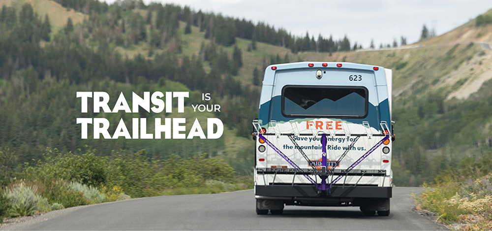 Transit Is Your Trailhead Logo on Transit bus in Bonanza Flat